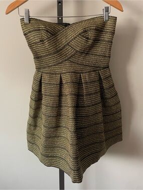 Sans Souci Metallic Gold & Black Strapless Mini Dress Fit Flare Party Glam